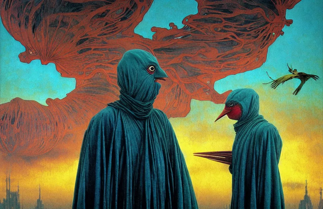 Image similar to realistic detailed portrait movie shot of a birdman wearing dark ragged robes, sci fi city sunset landscape background by denis villeneuve, amano, yves tanguy, alphonse mucha, ernst haeckel, max ernst, roger dean, masterpiece, rich moody colours, bird head, blue eyes