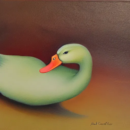 Prompt: a duck on the prowl oil painting julie curtiss