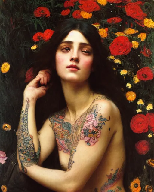 Image similar to a beautiful girl with tattoos surrounded by flowers orientalist intricate portrait by john william waterhouse and edwin longsden long and theodore ralli and nasreddine dinet, oil on canvas. cinematic, hyper realism, dramatic lighting, high detail 8 k