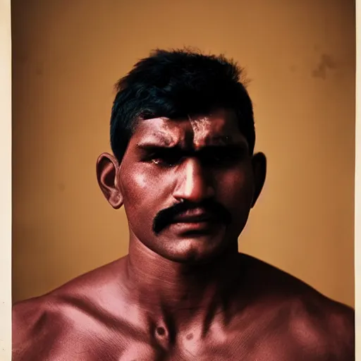 Prompt: color photo, closer up portrait of indian kushti wrestler by richard avedon, realistic, Leica, medium format, cinematic lighting, parallax, high resolution,
