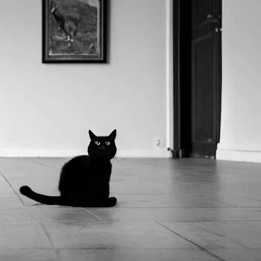 Image similar to national geographic photograph of a black cat sitting in a white room