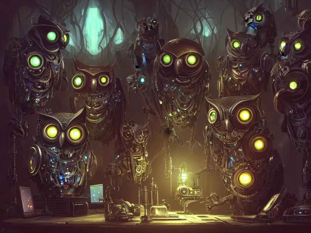 Image similar to an giant evil, malevolent, cyborg owls looking at a computer, surrounded by computer screens. steampunk, intricate, elegant, fantasy, highly detailed, digital painting, concept art, sharp focus, illustration, beautiful lighting, epic light, artstation, colorful, dramatic