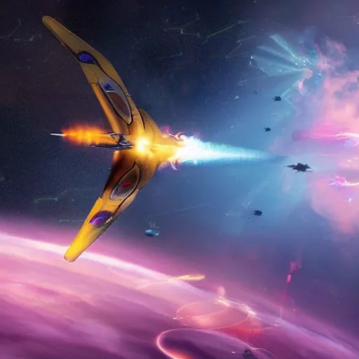 Image similar to photo, a futuristic space fighter modeled after a spitfire plane, flying through colorful clouds of smoke inside an intense space battle