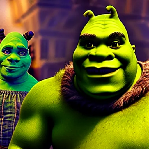 Image similar to photograph of poorly made Shrek cosplay, 8k resolution, high detail, ULTRA REALISTIC VFX, reflections