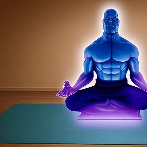 Prompt: thanos meditating on a yoga mat in a dojo. Serene cool lighting, hyper realistic