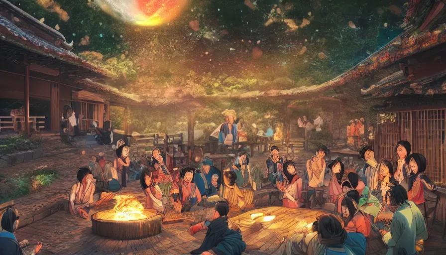 Image similar to party in a japanese village built in green mountains, fireplace, banquet, fireworks, lights at night, moon, manga style, hyperdetailed, artstation, cgsociety, 8 k