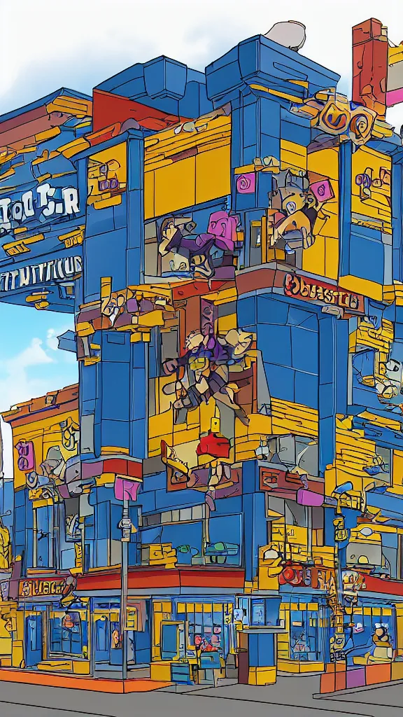 Image similar to blockbuster building in the style of a 90s cartoon