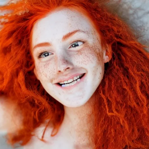 Prompt: a cute red-haired female with freckles, smiling, hyperrealistic