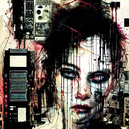 Prompt: a young punk woman lost in a cyberpunk noir glitchcore world of wires, and machines, by jeremy mann, francis bacon and agnes cecile, and dave mckean ink drips, paint smears, digital glitches glitchart