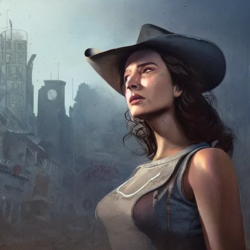 Image similar to fallout 5, charismatic beautiful, rugged, brunette female protagonist wearing a cowboy - hat, portrait, outdoors ruined cityscape, atmospheric lighting, painted, intricate, volumetric lighting, beautiful, foggy, daytime, slight overcast weather, sharp focus, deep colours, ultra detailed, by leesha hannigan, ross tran, thierry doizon, kai carpenter, ignacio fernandez rios