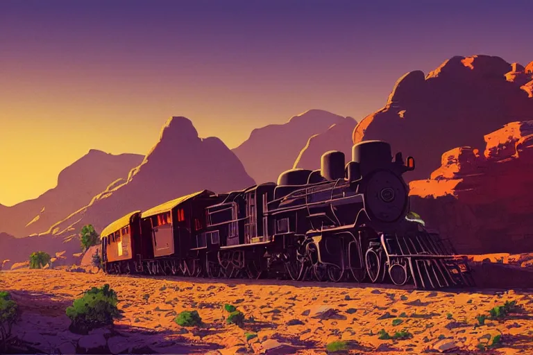 Image similar to idyllic old western train station illustration by syd mead, artstation, 4 k, graphic novel, concept art, matte painting, steam engine, beautiful mountain desert sunset background, golden hour