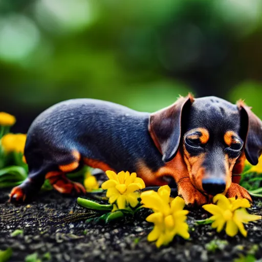 Image similar to macro photograph of a very tiny Dachshund sleeping on the flower, Nikon D810, award-winning, bokeh,