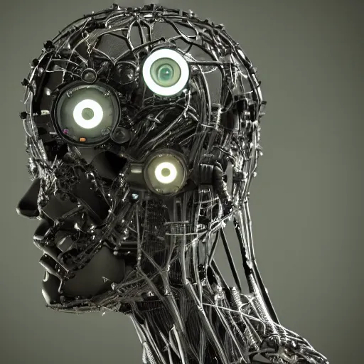 Image similar to very detailed portrait 55mm photo of a mechanical head without skin, with crystal bones and optic fiber nerves, gears in his head and cybernetic enhancements no plating. Packed with cybernetics. Has cameras for eyes. In the forest with bokeh. Ray tracing and tessellation. Very sharp high detailed 8k image