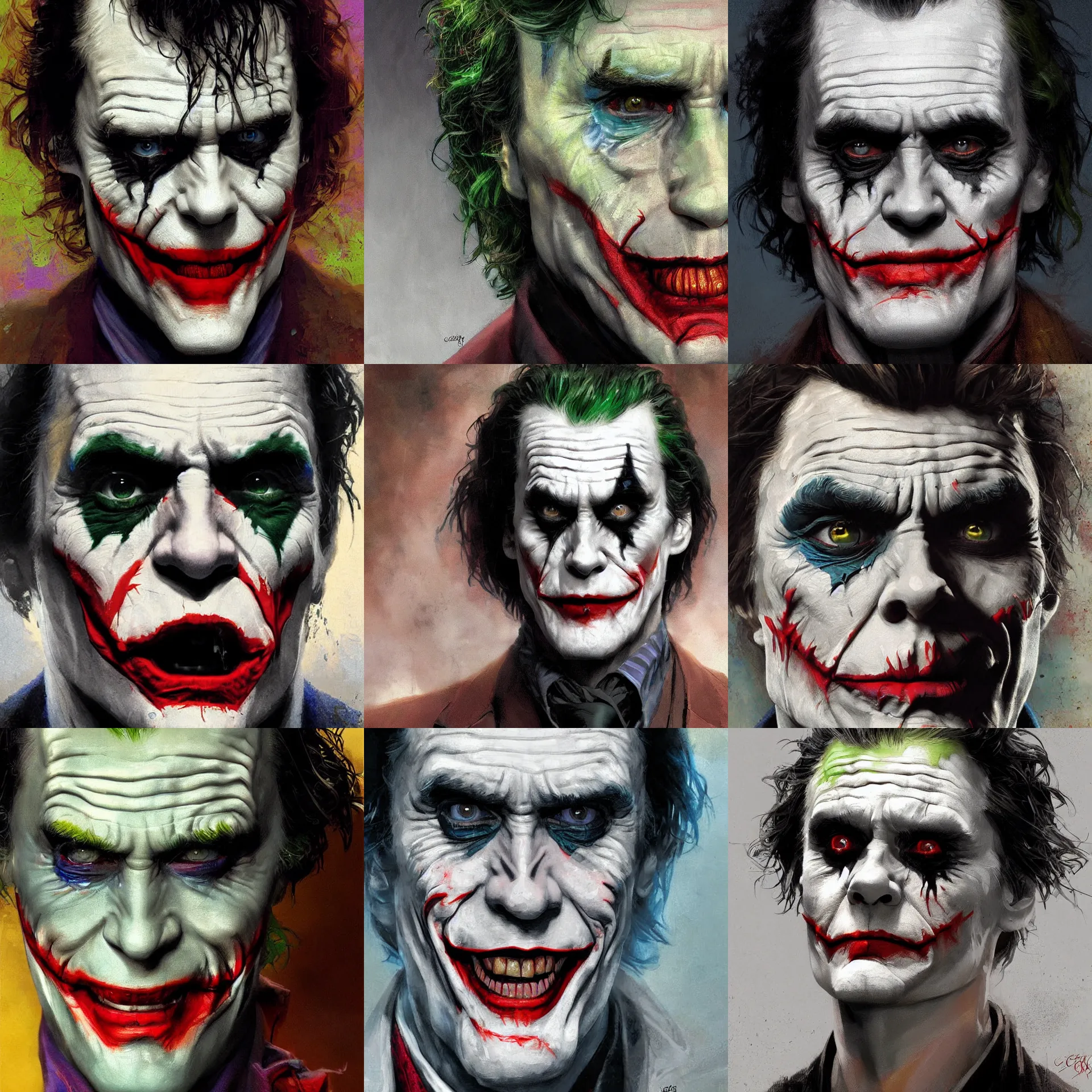 Prompt: digital art painting of jim carrey as the joker painted by craig mullins and gaston bussiere and greg rutkowski, symmetrical face, defined facial features, symmetrical facial features, dramatic lighting, close up