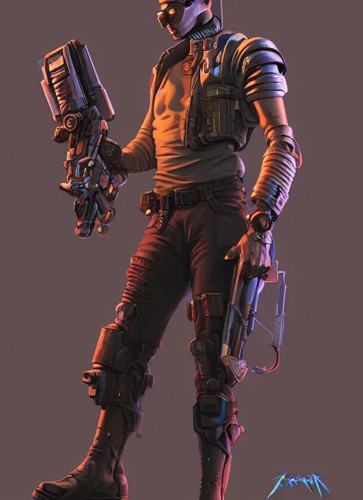 Image similar to powerful cyberpunk mercenary. portrait by jean giraud and anton otto fischer and john philip falter and will eisner and gil elvgren and pixar. full body. realistic proportions. science fiction d & d. overwatch, rb 6 s, cyberpunk 2 0 7 7, blade runner 2 0 4 9 concept art. cel shading. thick lines.
