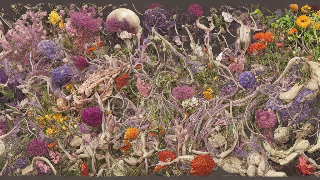 Image similar to highly detailed illustration of a human anatomy body exploded by all the known species of flowers by juan gatti, by makoto shinkai, by moebius!, by oliver vernon, by joseph moncada, by damon soule, by manabu ikeda, by kyle hotz, by dan mumford, by kilian eng