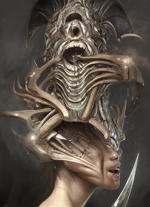 Image similar to demigod demolisher, physically accurate, moody dynamic lighting, very very intricate, very very elegant, highly detailed, digital painting, artstation, HR GIGER, Hieronymus Bosch, Francis Bacon, concept art, smooth, very beautiful, sharp focus, illustration, art by artgerm and greg rutkowski and alphonse mucha