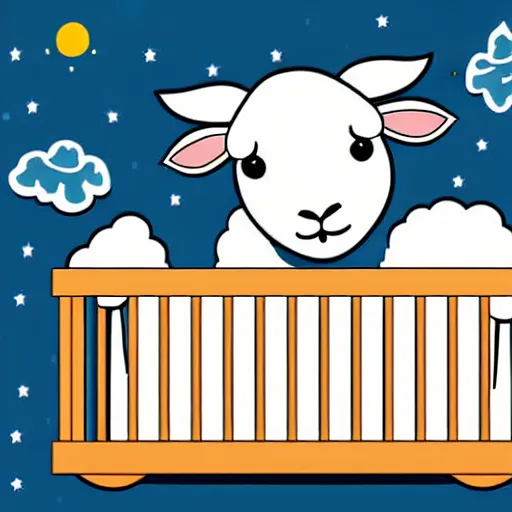 Image similar to storybook illustration of baby sleeping in a crib with a toy lamb on top of its head, storybook illustration, monochromatic