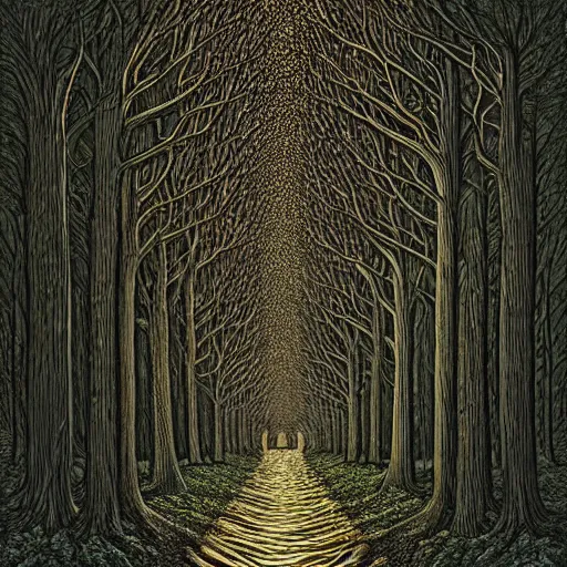 Prompt: the dark tunnels of the woods. Highly Detailed. Masterpiece. By Jeffrey Smith