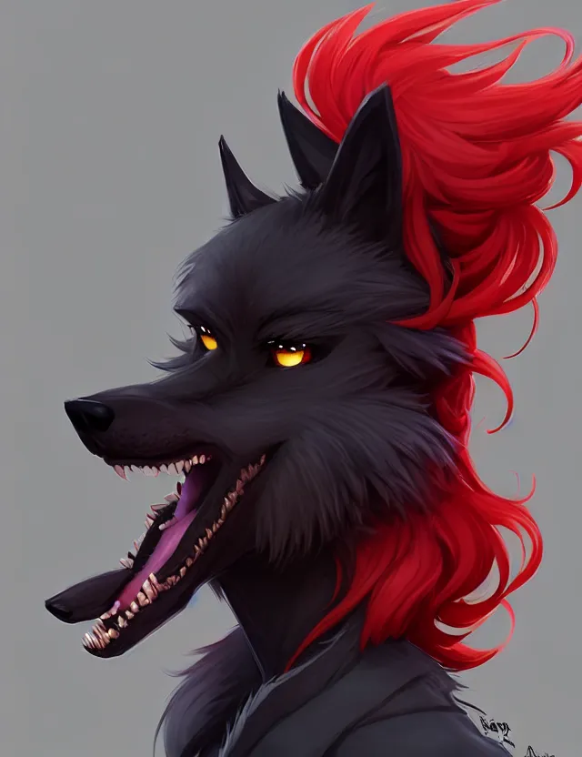 Image similar to character concept art of a black anthropomorphic male furry wolf long red hair | | cute - fine - face, pretty face, key visual, realistic shaded perfect face, fine details by stanley artgerm lau, wlop, rossdraws, james jean, andrei riabovitchev, marc simonetti, and sakimichan, trending on artstation