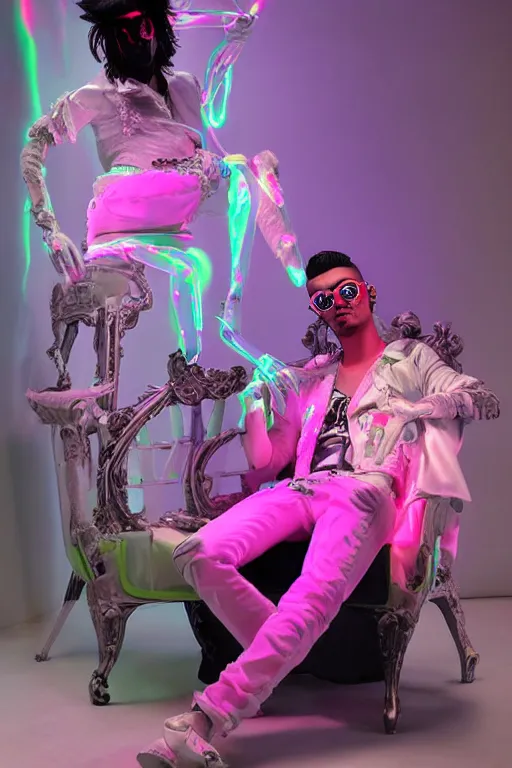 Image similar to full-body rococo and cyberpunk style neon statue of a young attractive Zayn Malik wearing cholo shades macho dotado e rico android sim roupa reclining con las piernas abertas e la piroca dura, ethereal white dripping tar, glowing white lasers, pink tigers, glowing eyes, silver prince crown, black gears, pink diamonds, swirling mint-colored silk fabric. futuristic elements. full-length view. human skulls. large intricate artwork by caravaggio. Trending on artstation, octane render, cinematic lighting from the right, hyper realism, octane render, 8k, depth of field, 3D