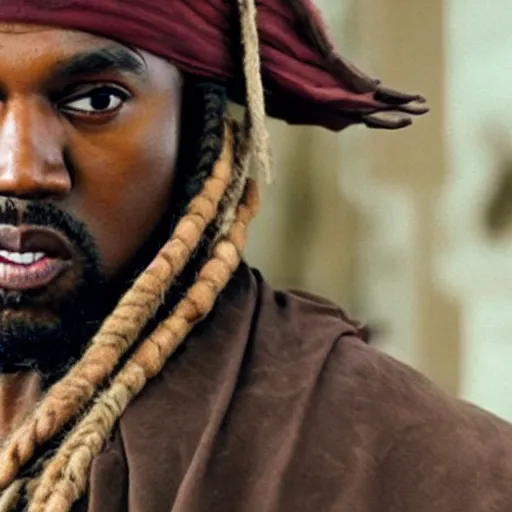 Prompt: film still of kanye west!!! as jack sparrow in pirates of the caribbean