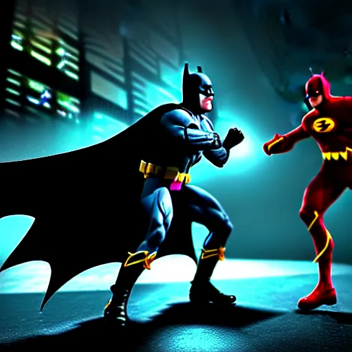 Image similar to ultra detailed picture of a fight where batman is against the flash, unreal engine, extremely detailed, epic, dark, highly realistic, spiritual masterpiece, beautiful, ultra hd