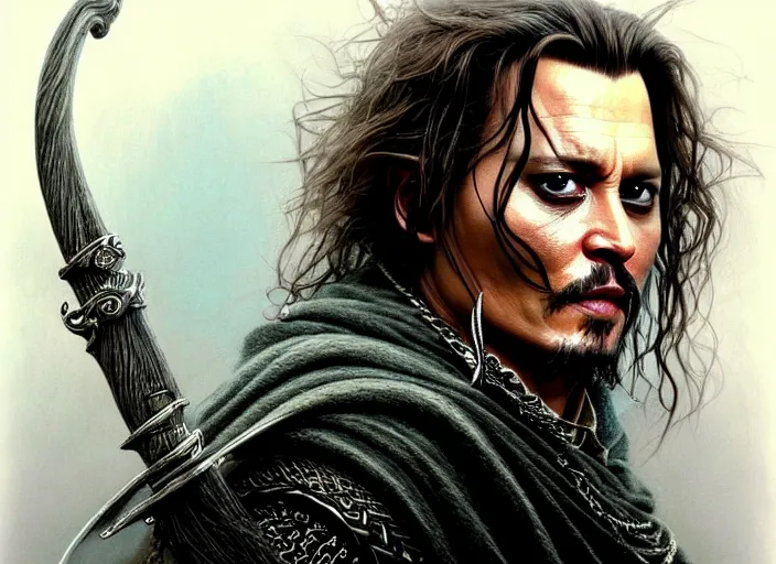 Prompt: wideangle!! portrait shot of johnny depp in the lord of the rings, intricate, elegant, highly detailed, centered, digital painting, artstation, concept art, smooth, sharp focus, illustration, artgerm, tomasz alen kopera, peter mohrbacher, donato giancola, joseph christian leyendecker, wlop, boris vallejo