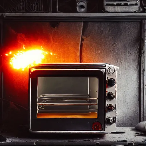 Prompt: cyborg toaster oven augmentation, dark messy smoke - filled cluttered workshop, dark, dramatic lighting, orange tint, sparks, cinematic, highly detailed, sci - fi, futuristic, movie still