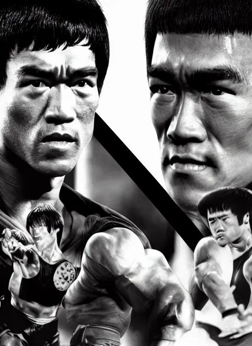 Image similar to Film poster Arnold Schwarzenegger VS Bruce lee , faces look at each other, detailed and realistic, 4k, filmic render