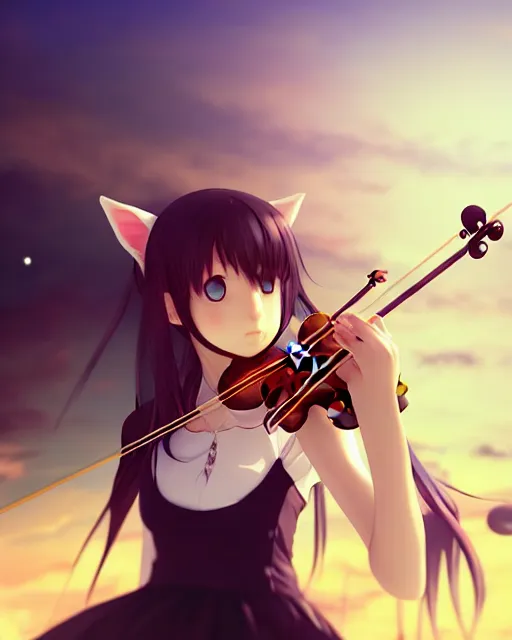 Image similar to teen, cute, melancholy, full body, cat girl, white skin, golden long wavy hair, holding a violin and playing a song, stunning art style, filters applied, lunar time, night sky, trending art, sharp focus, centered, landscape shot, fate zero, simple background, studio ghibly makoto shinkai yuji yamaguchi, by wlop