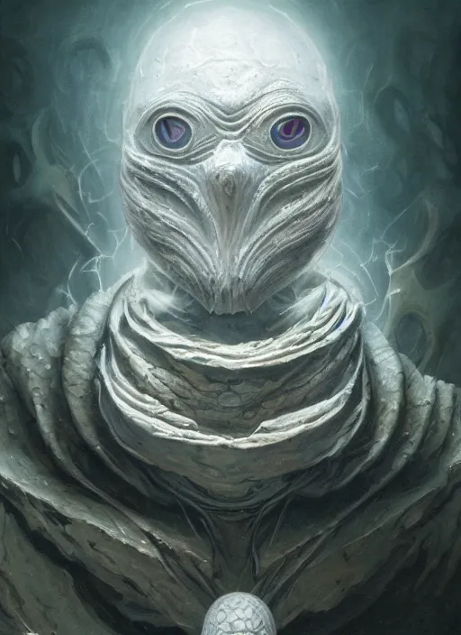 Image similar to moonrock mf doom reptile eyes, glowing white broken skin. intricate, elegant, highly detailed, centered, digital painting, artstation, concept art, smooth, sharp focus, illustration, artgerm, tomasz alen kopera, peter mohrbacher, donato giancola, joseph christian leyendecker, wlop, frank frazetta