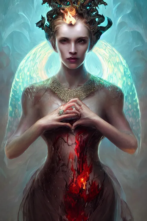 Prompt: face closeup of beautiful model wearing glass and fire dress, face in blood sorcerer, diamonds, angel, fantasy, dramatic lighting, highly detailed, digital painting, holding electricity, magic the gathering, hyper detailed, 3 d render, hyper realistic detailed portrait, peter mohrbacher, wlop, ruan jia