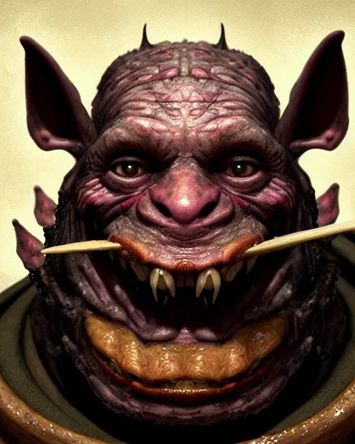 Image similar to closeup profile face portrait of a medieval goblin eating cakes in the cathedral, beautiful face, hyper realistic, highly detailed, digital painting, artstation, illustration, concept art by hyung tae, frank frazetta, bosch, giger, digital paint, matte paint, washed colors, dark, gloomy, detailed and intricate environment