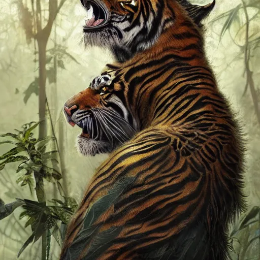 Prompt: a very high detailed tiger face on a strong human body, wearing a very detailed golden kings crow, tattoo on shoulder, standing in a highly detailed jungle, hyperrealistic, greg rutkowski, Nikolai Karelin, Hou China, trending artstation