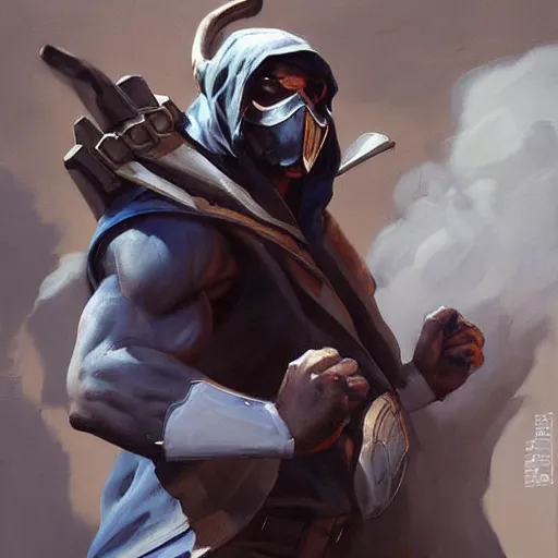 Image similar to greg manchess portrait painting of smoke from mortal kombat as overwatch character, medium shot, asymmetrical, profile picture, organic painting, sunny day, matte painting, bold shapes, hard edges, street art, trending on artstation, by huang guangjian and gil elvgren and jesper ejsing