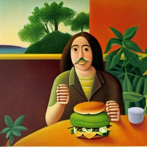 Prompt: a happy hippie eating a hamburger in a diner, oil painting by henri rousseau