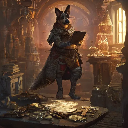 Prompt: d & d character art, corgi thaumaturgist in his workshop, arcane trinkets, intricate costume, hyperrealistic, extremely detailed, beautiful digital illustration, glowing, smooth, greg rutkowski, trending on artstation