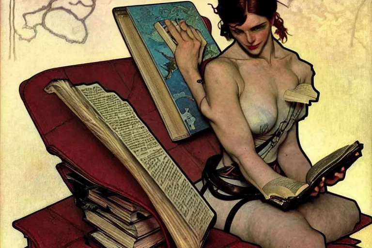 Prompt: a cyborg reading from an old book with a leather cover, art by John Collier and Albert Aublet and Krenz Cushart and Artem Demura and Alphonse Mucha