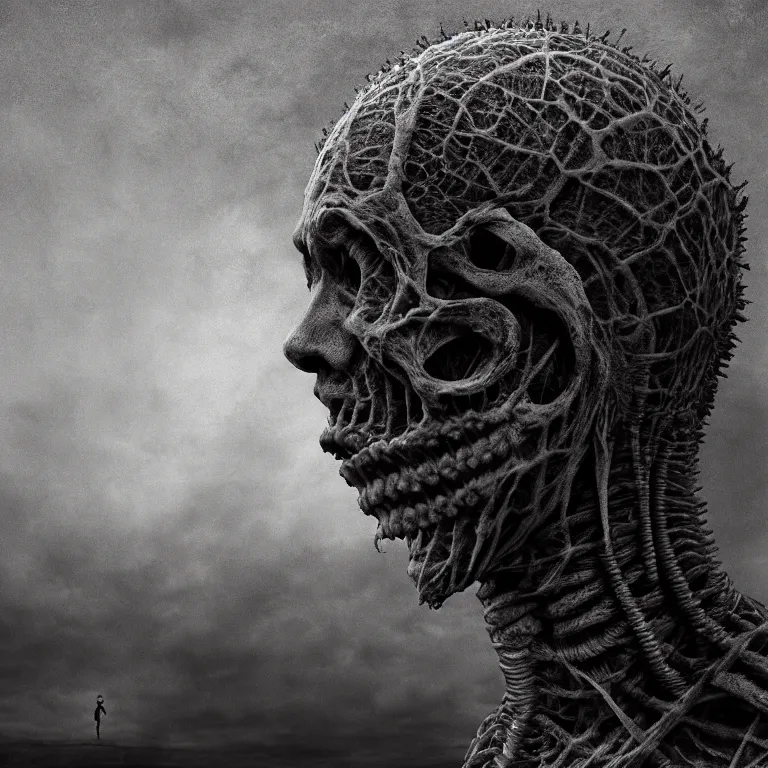 Image similar to ribbed spinal man face portrait, baroque painting, standing in a desolate empty wasteland, creepy, nightmare, dream-like heavy atmosphere, surreal abandoned buildings, beautiful detailed intricate insanely detailed octane render trending on Artstation, 8K artistic photography, photorealistic, chiaroscuro, Raphael, Caravaggio, Beksinski, Giger