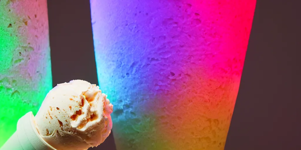 Image similar to ice cream cone with 3 scoops of ice cream and rgb lights embedded in the cone, cyberpunk, high quality, ue 5.