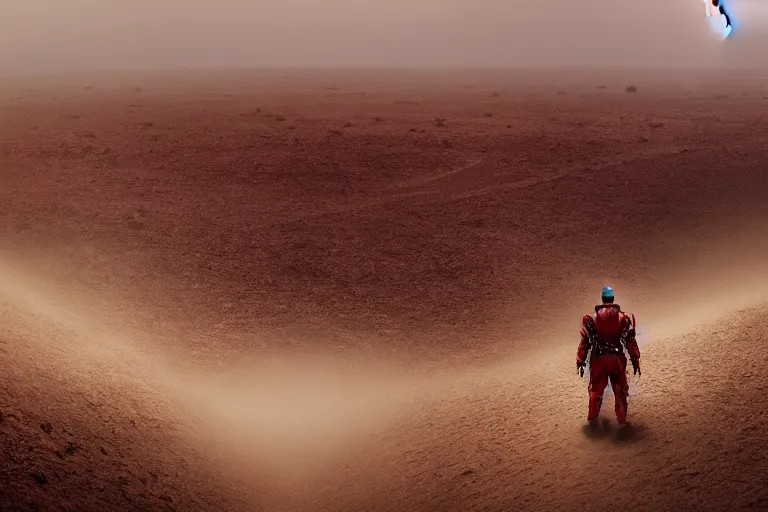 Prompt: a cinematic landscape photograph of a man dressed in red armour trekking through a desert, dust storm, thunder and lightning, lee madgwick and zack snyder, 8 k, hd, high resolution, 3 5 mm, f / 3 2, tenet