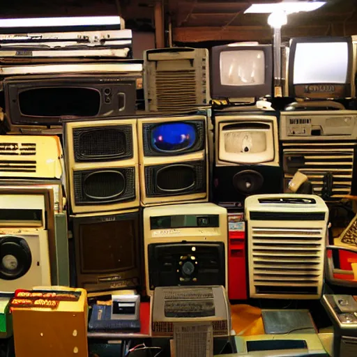 Image similar to array of crt televisions, tv static, antenna, stacked, polaroid, steroids, adult video store, van gogh