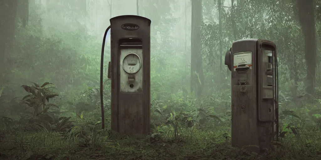 Image similar to old abandoned gas pump somewhere in the rainforest. nature is taking over. matte painting in the style of craig mullins. mist. cinematic. octane render.