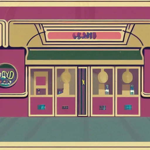 Image similar to art deco illustration of a gaming storefront in a mall in pastel colors