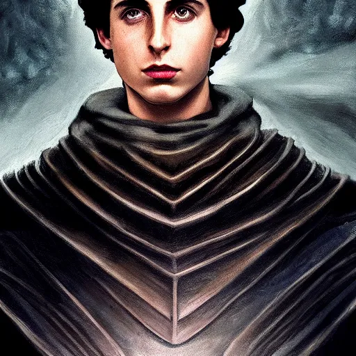 Prompt: realistic paul atreides emperor of the known universe, perfect dramatic and dark portrait by rabbitary b, trending on artstation, deviantart, dune, low angle oil painting and composition laws, dark foggy background, timothee chalamet but he is older, denis villeneuve cinematography