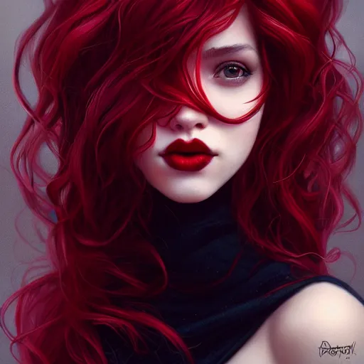 Prompt: a realistic illustration portrait of a beautiful cute girl with curly black and red hair, a pointy nose and, round chin black eyeliner, trending on artstation, hyper - realistic lighting, intricate, ross tran