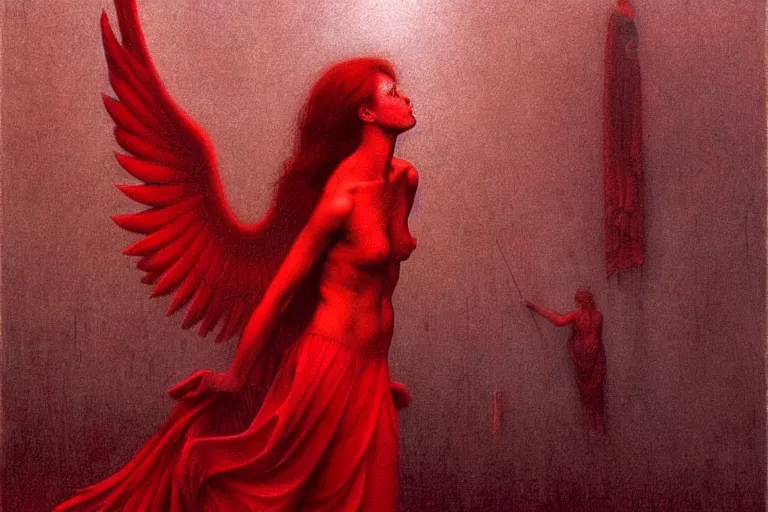 Image similar to only with red, a red angel announce the win, at the gates of a rich renaissance city, pathos, in the style of beksinski, part by hopper, part by rodcenko, part by hofbauer, intricate composition, red by caravaggio, insanely quality, highly detailed, masterpiece, red light, artstation