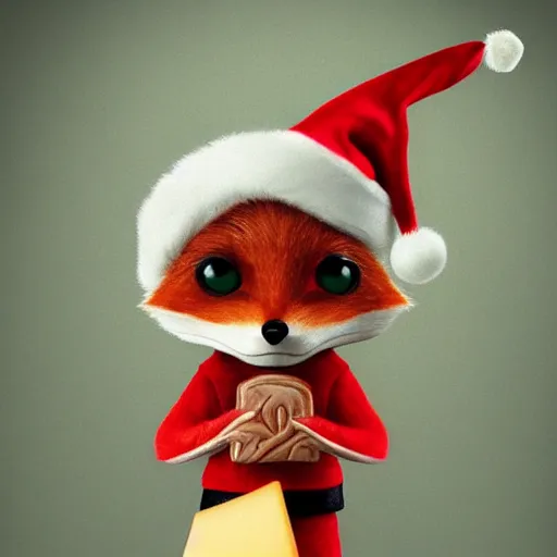 Prompt: A Detailed Award Winning Masterpiece, trending on artstation, 4k, of a fox wearing a santa hat, eating a cheese platter, very cute and quaint and nice and kind
