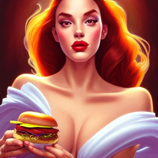 Prompt: portrait ofJessica Rabbit eating hamburgers, extra onions and ketchup, luscious patty with sesame seeds, feminine ethereal, handsome, D&D, fantasy, intricate, elegant, highly detailed, digital painting, artstation, concept art, matte, sharp focus, illustration, art by Artgerm and Greg Rutkowski and Alphonse Mucha